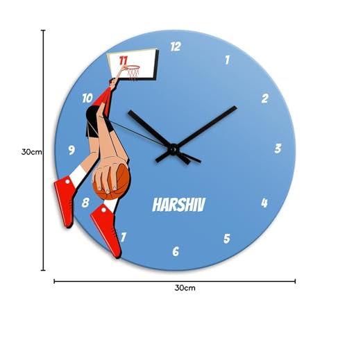 Image of Zooboo Personalized Analog Wall Clock, Custom Name Acrylic Silent Quartz Movement Wall Clock with Sleek Modern Design, Ideal for Birthdays (Design - Basketball Fever Boy), 30x30 cm, Multicolor