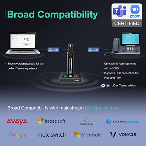 Yealink WH63 Wireless DECT Headset, Teams Certified, Mono Office Phone Headset with Noise Canceling Mic, Work for Computer, Desk Phones, 3 Wearing Styles, Long Wireless Range 394 ft,7H Talk Time