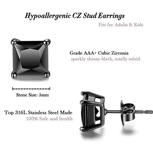 Hypoallergenic Mens Black Earrings Stainless Steel Nickel Free Jewelry for Sensitive Ears, Onyx Single Diamond 5-7mm4