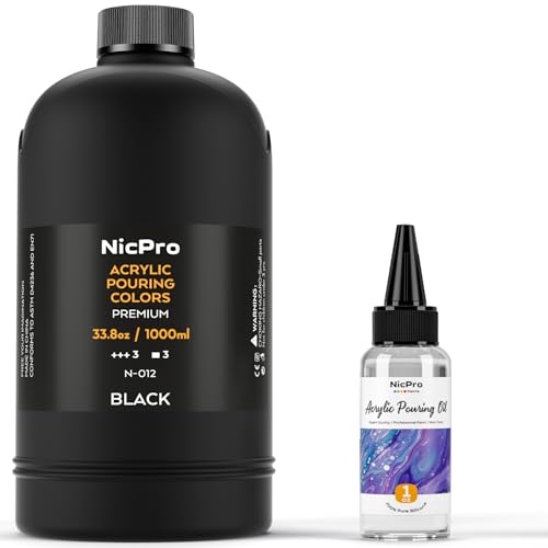 Nicpro Pintura acrílica de color negro azabache, suministros de pintura premezclada de 33.8 onzas con aceite de silicona y guantes para lienzo, roca, creación de células de madera, pintura artística