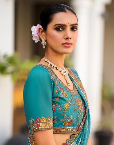 Image of SIRIL Women's Bandhani Printed Georgette Sequence Lace Scalloped Border Saree with Unstitched Blouse Piece