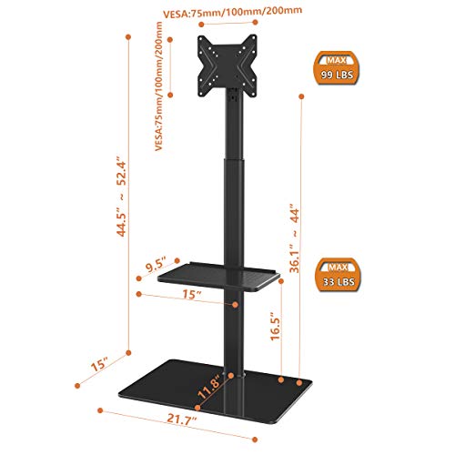 Universal Floor Tv Stand With Mount For 19 To 43 Inch Flat Screen Tv, 100 Degree Swivel,Adjustable Height And Tilt Function, 2 Shelves Space Saving Standing Tv Mount For Bedroom Living Room Corner #TOP5