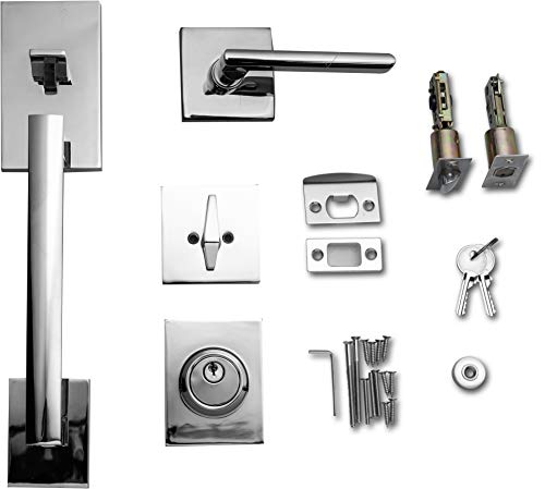 Image of Berlin Modisch HandleSet Front Door Entry Handle and Deadbolt Lock Set Slim Square Single Cylinder Deadbolt and Lever Reversible for Right & Left Sided Doors Heavy Duty - Polished Chrome Finish