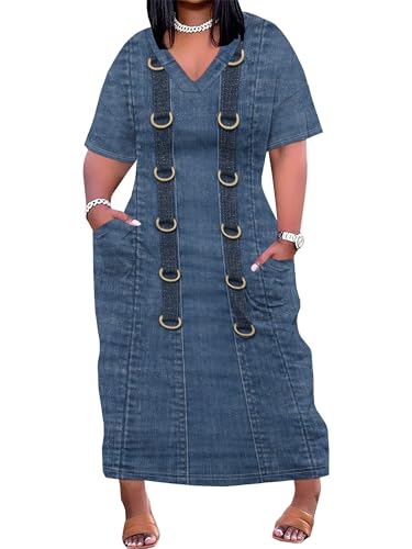 Image of SUZONANA Plus Size Denim Print Maxi Dresses for Women Casual V Neck Short Sleeve with Pockets Soft Jean Look Dress XL-6XL