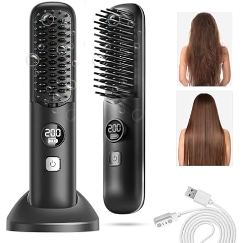 Unaone Cordless Hair Straightener Brush - Portable Mini Hair Straightening Comb for Travel, Negative Ion Hot Comb Hair Straightener for Women, Black Cover