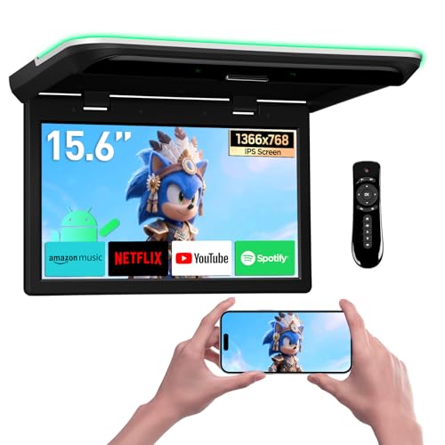 XTRONS Reproductor de techo de coche Android de 15.6 pulgadas, Octa Core 2+32 GB, pantalla IPS ancha, video 4K con altavoces estéreo, monitor superior abatible, compatible con 4G/WiFi/HDMI/USB