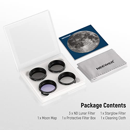 Image of NEEWER Lunar Filter Kit with 3 ND Lunar Filters (ND0.9 ND0.6 ND0.3), Lunar Starglow Filter, Moon Map, Cleaning Cloth for Moon Viewing Lunar Observation, Compatible with 1.25 inch Telescope Eyepiece, FL-25