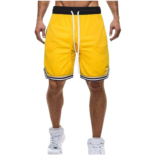 Kurze Hosen Herren Sommer Casual Shorts Atmungsaktiv Herrenshorts mit Kordelzug Taschen Elastische Taille Freizeitshorts Bermuda Kurz Hose Männer Fitness Outdoorshorts Gelb M