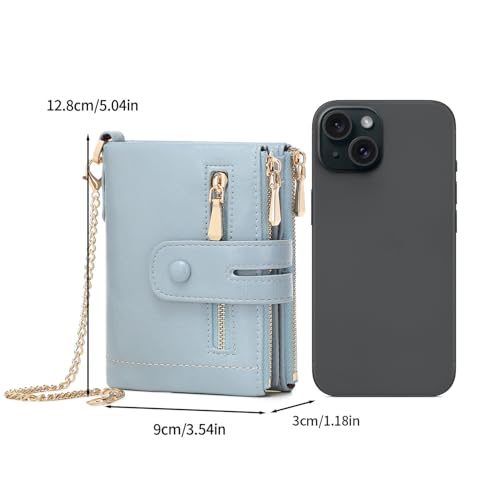Image of AOXONEL Wallets for Women Small Rfid Bifold Leather Ladies Wallet,Travel Billfolds Medium Size Card Holder with Removable Wristlet Chain,Multi-Card Slots,ID Window,Double Zipper Coin Pocket (Blue)