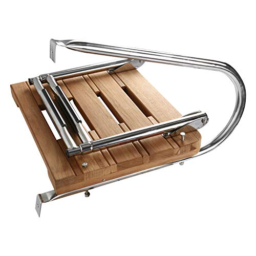 DasMarine Universal Outboard Teak Wooden Swim Platform Under Mount Fold Down 2 Step 316 Stainless Steel Ladder with Single Handrail(Mounting Screws are Included)