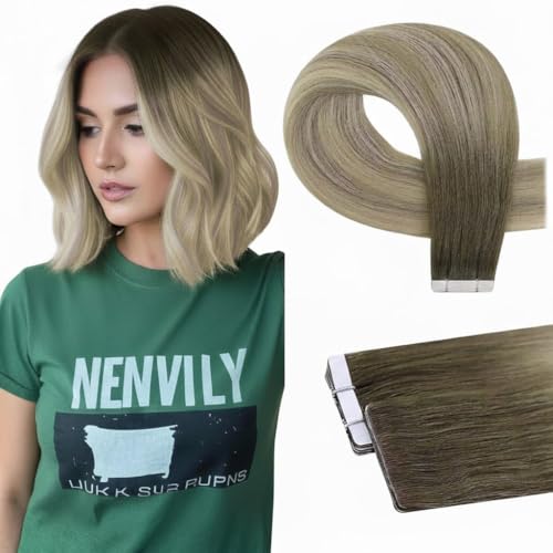 Image of Full Shine Injected Tape in Hair Extensions 14Inch Invisible Tape in Human Hair Extensions Color Blonde and Brown Balayage 20g 10pcs Intact Real Human Hair for Women