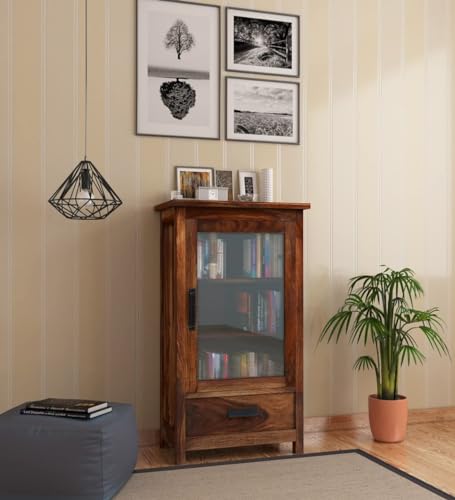 Image of DADDYFURNITURE? Solid Sheesham Wood Kitchen Cabinet Display Rack with 1 Drawer and 2 Shelf for Living Room | Solid Wood Bookcase for Home Furniture. (Honey)