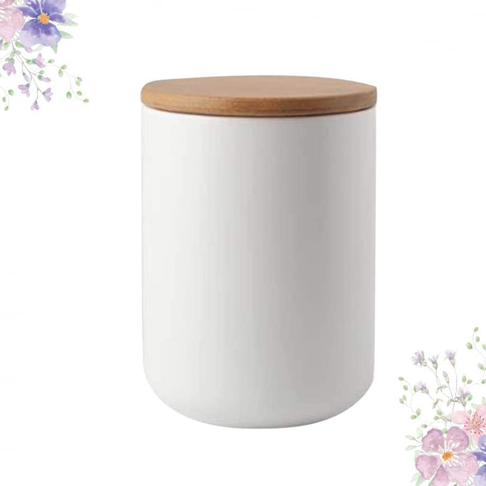 Keramik Tee Vorratsdose mit luftdichtem Holzdeckel Keramik Trockenfutter Vorratsdose Dose Tee Zuckerspender zum Servieren von Tee Kaffee Gewürz-Blanc 10.3 * 14.5CM