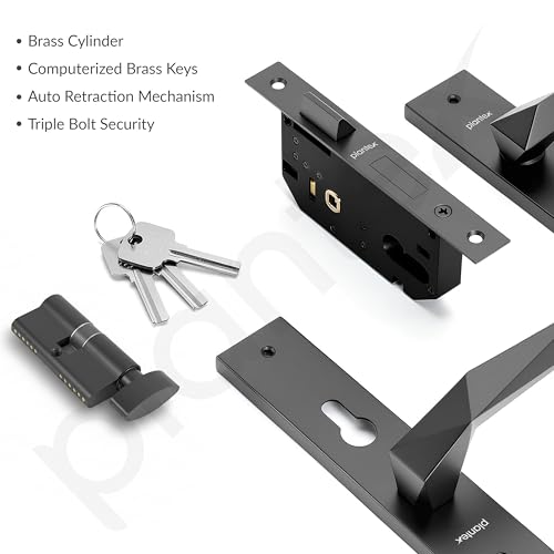 Image of Plantex Door Lock for Home /6-Lever Lock Mechanism with 3 Years of Warranty /Heavy-Duty Door Lock Handle Set with 3 Keys, Brass Lock Body & Cylinder - (8129-Grey)