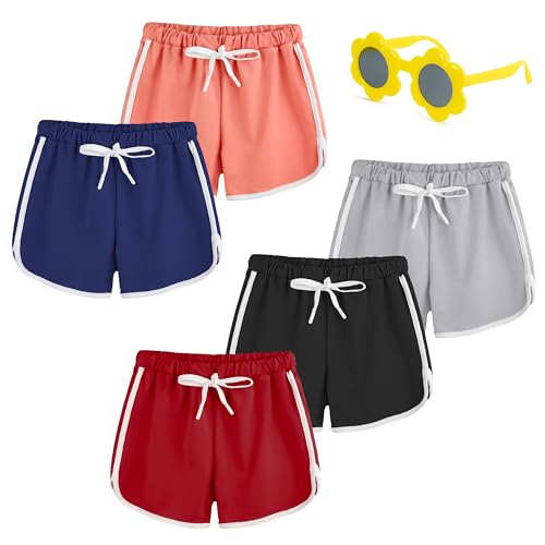 slaixiu Girls 5-Pack Athletic Shorts Breathable Workout Running Printed Dolphin Shorts 5-16 Year