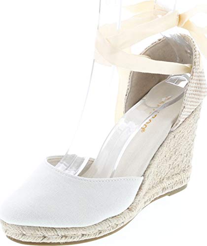 BAMBOO Timeoff 02 Womens Closed Toe Leg Wrap Espadrille Wedge Dress Sandals Beige 9