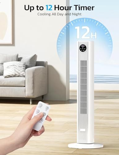 Image of ZAFRO Tower Fan for Bedroom, 90 Oscillating Fan with 3 Speeds, 4 Modes, 25ft /s Velocity, 12H Timer, Standing Fan for Bedroom, Living Room, Office, White, 36 Inches