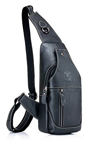 Tasche Leder Herren Sling Bag Schulter Rucksack Schultertasche Brusttasche Wasserresistent Tragetasche Umhängetasche Messengertasche für Wandern Arbeiten Schule Geschäft Radfahren Reise, Schwarz