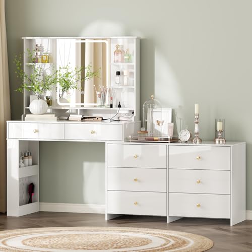 Ieejdn Makeup Vanity Desk with Mirror and Lights, Vanity Desk with 8 Drawers & Storage Shelves,...