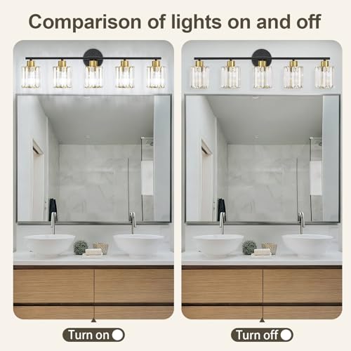 Image of Modern Black Gold Crystal Bathroom Light Fixtures,5-Light