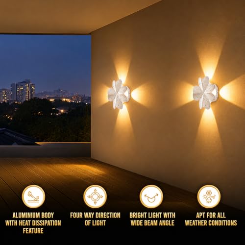 Image of Gesto 8W Waterproof Led Wall Light for Home Decoration - Up Down 4-Way LED Wall Lamp | IP65 Outdoor Fancy Wall Lights for Balcony,Gate,Elevation,Garden,Patio | Decorative Wall Mount Light -Pack of 2