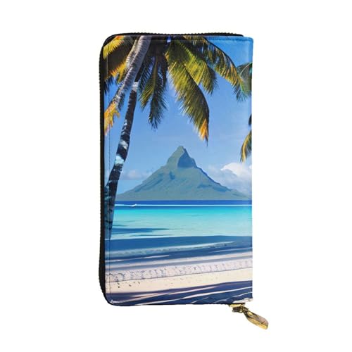 Portefeuille en cuir femme motif plage de Tahiti pour voyager léger