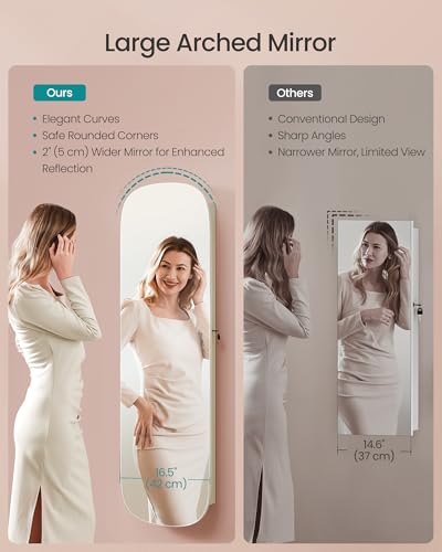 Image of SONGMICS Jewelry Organizer, LED Jewelry Cabinet Wall /Door Mounted, Lockable Rounded Wide Mirror with Storage, Interior Mirror, 3.9 x 16.5 x 55 Inches, White Surface with Greige Lining