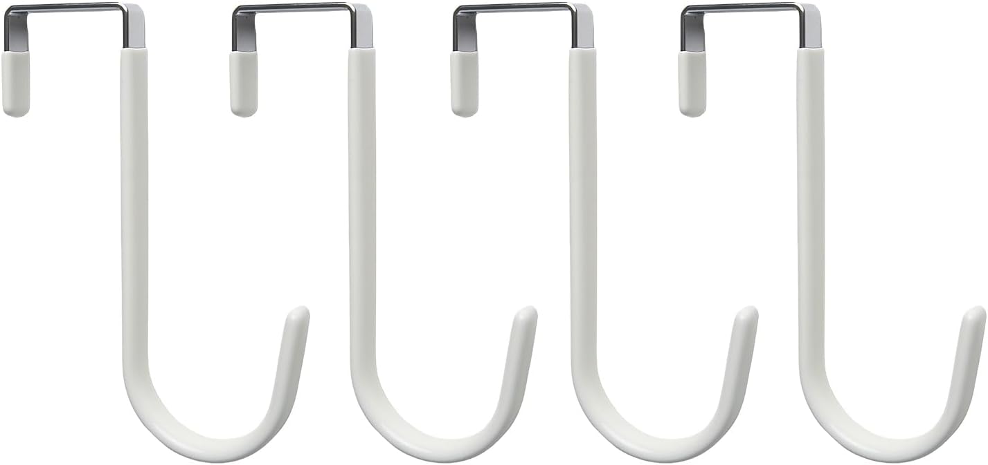 Over The Door J Hooks, Metal Hanging Hooks with Soft Rubber Coating for Kitchen, Bathroom, Closet, Cabinet Doors, Slim Gap Fit for Doors Under 1.4" (Pack of 4) (White)