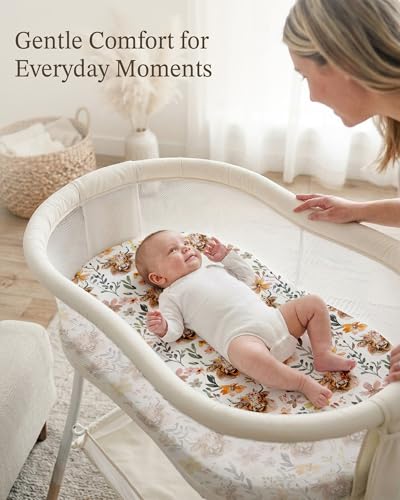 Image of Bassinet Sheets for Baby Girls Boys 2 Pack, Fitted Baby Mattress Sheet for Rectangle, Oval, Hourglass Bassinet Mattress, Breathable Cozy & Universal Fit (Cottage Cow, Bassinet Sheet)