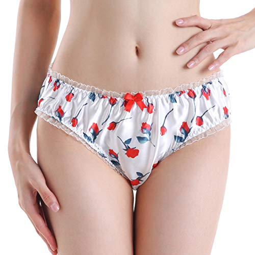 Frauen Sexy Dessous Satin Floral Bikini Höschen Schlüpfer (Weiß, XL) Cover