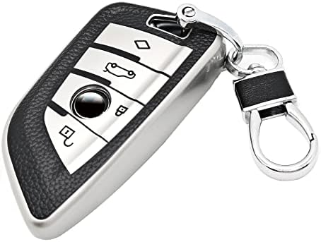 CTRINEWS for BMW Key Fob Cover with Leather Keychain, Advanced Blade Shape Soft TPU Surface Leather Grain Key Fob Holder for New BMW Smart Key(Silver)