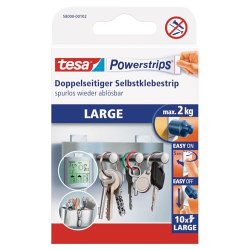 tesa Powerstrips Large, Self-Adhesive Strips - Double-Sided Strips Suitable for Flat and Smooth Surfaces - Holds Objects up to 2 kg - Pack of 10 Powerstrips