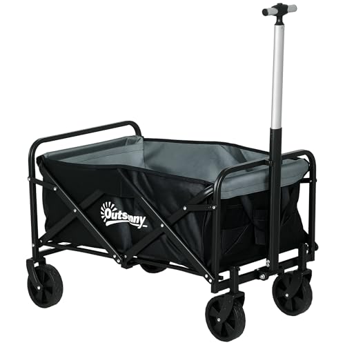 Outsunny Carro de Jardín Carro para Playa Plegable con 4 Ruedas Longitud y Ángulo del Mango Ajustables Capacidad 70 L Carga 80 kg para Compra Campaña Negro