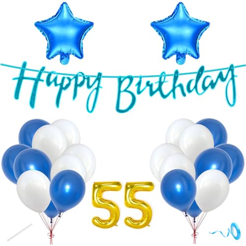 Image of Flyloons 55th Happy Birthday Decoration Kit Blue White for Boys Girls Men Women Adults With 20 Pcs Metallic Balloons Birthday Banner 2 Pcs Star Items Set