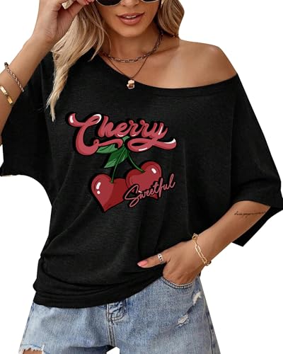 Image of Hilinker Womens Sexy Off The Shoulder Tops Short Batwing Sleeve T Shirt Oversized Casual Tee