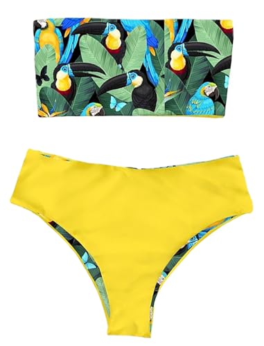 Image of ZAFUL Women's High Cut Bandeau Bikini Set Strapless Solid Color 2 Pieces Bathing Suit Swimsuit