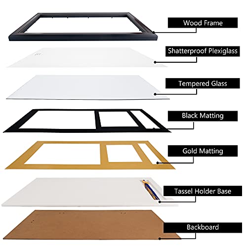 GraduationMall-11x22-Mahogany-Diploma-Frame-with-Tassel-Holder-and-Picture-for-85x11-Certificate-5x7-PhotoReal-GlassBlack-Over-Gold-Mat