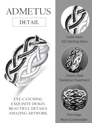 ADMETUS Black and Sterling Silver Rings for Men, Enamel Celtic Knot Ring, Wedding Band Engagement Promise Ring, Comfort Fit Size 5-152