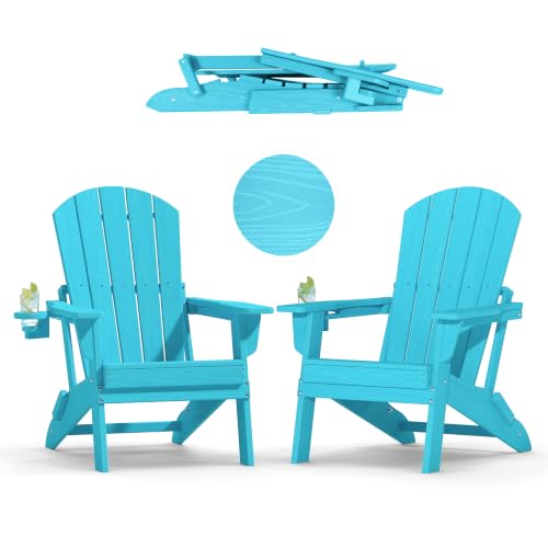 Image of Plawdlik Folding Adirondack Chair Set of 2 with Cup Holder,Heavy All-Weather,Wooden Textured,HDPE Outdoor Chairs, Patio Backyard Fire Pit, Light Blue