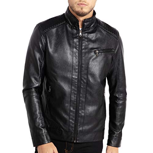 Image of WULFUL Men's Stand Collar Leather Jacket Motorcycle Lightweight Faux Leather Outwear