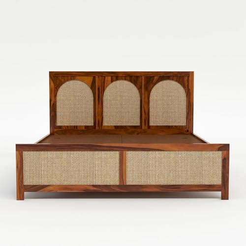 Image of Solid Sheesham Wood Queen Size Bed Without Storage for Bedroom Living Room | Wooden Double Bed Cot for Home Hotel | (Honey Finish-3 Round, Queen Size)