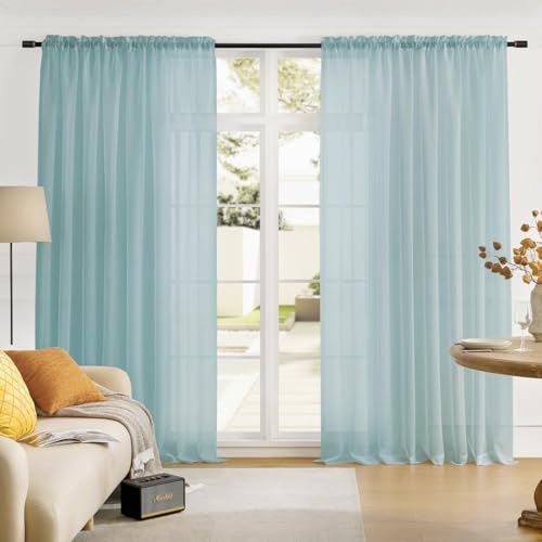 Image of MYSTIC-HOME Sheer Curtains Blue 95 Inches Long, Window Treatments Rod Pocket Drapes for Living Room, Bedroom, Semi Crinkle Extra Wide Curtains for Yard, Patio, Villa, Parlor, 108 inch W x 95 inch L, 2 Panels