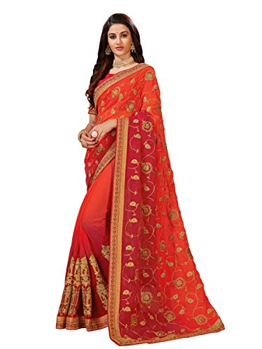 MANOHARI Women's Brocade Georgette Saree With Un-stitched Blouse (MN703_Maroon)