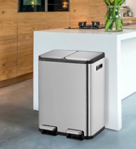 Image of Obsessions EKO Stainless Steel Step Trash Can for Recycling, 15+15L Rectangular Kitchen Dustbin, Independent Pedals and Lids, Soft Close and Fingerprint Resistant, Metallic