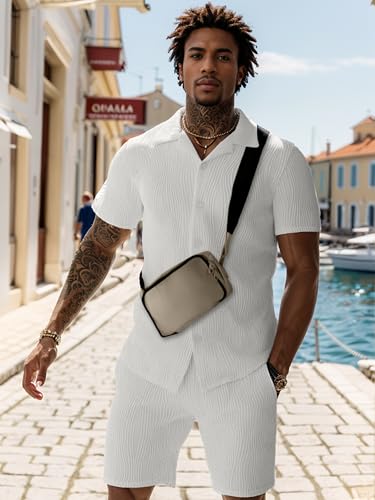 UOUA Summer Outfits for Men 2 Piece Short Sleeve Button Down Shirt & Shorts Set Casual Vacation Beach Tracksuit3