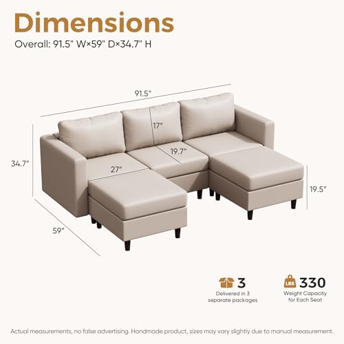 Image of ABCASA Faux Leather U Shaped Modular Sectional Sofa 91.5 inch, 5 Seater Couch with Movable Ottoman Deep Seat and Storage Seat with Removable Cover for Living Room, Apartment - Whitesand
