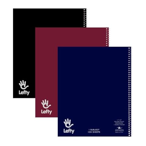 Roaring Spring "Lefty" Notebook, 1 Subject with Spiral Binding on Right for Lefties, College Ruled, 100 Sheets, 11" x 9", Includes Double Pocket, Assorted Cover Colors, 3 Pack Cover