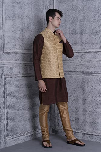 Image of Uri and MacKenzie Men's Silk Blend Regular Kurta Churidar Pyjama with Bundi Nehru Jacket /Waistcoat