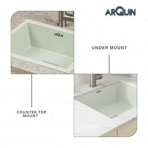 Image of ARQUIN Quartz Sink 24x18x9 Inch Sand Choco | Single Bowl Sink | Durable & Scratch-Resistant | Undermount /Topmount Including Coupling, Waste Pipe & Fruit Washing Basket
