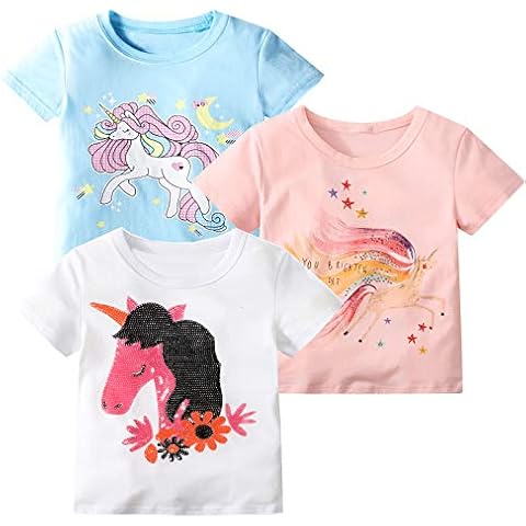 Toddler Girl Tee Shirts Summer Short Sleeve Crewneck Cotton Casual Graphic White Green Yellow T-Shirt 3 Packs Sets 2T Cover